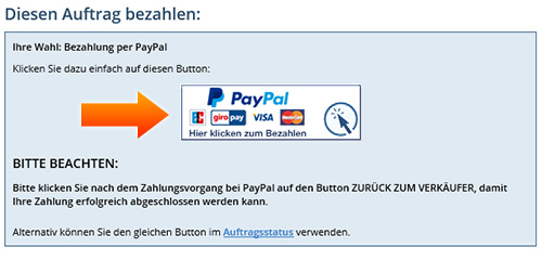Klicken Sie nach dem Bestellvorgang auf den PayPal Button.